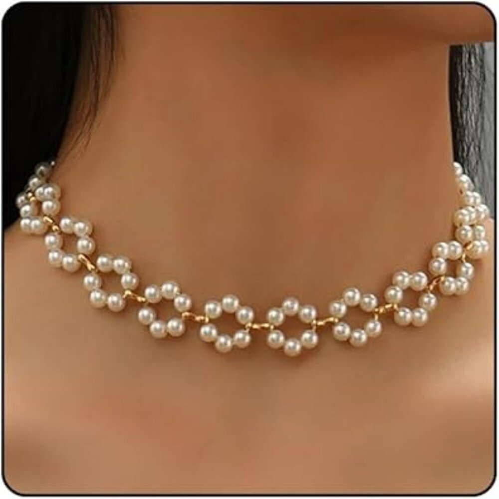 Pearl Choker Necklace Women Gold Plated Small Floral Pearls Beads Flower Mothers